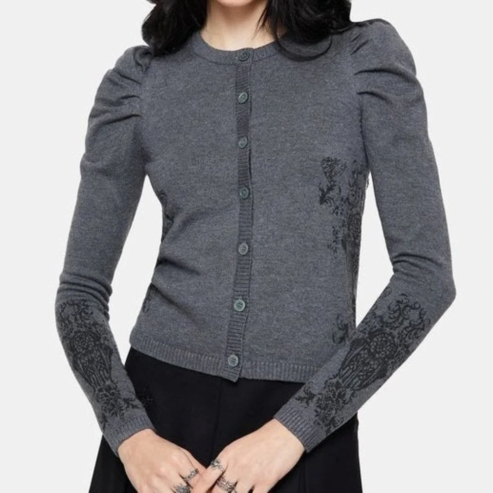 Disturbia Nia Puff Sleeve Printed Arch Knit Cardigan Womens XL Soft Goth